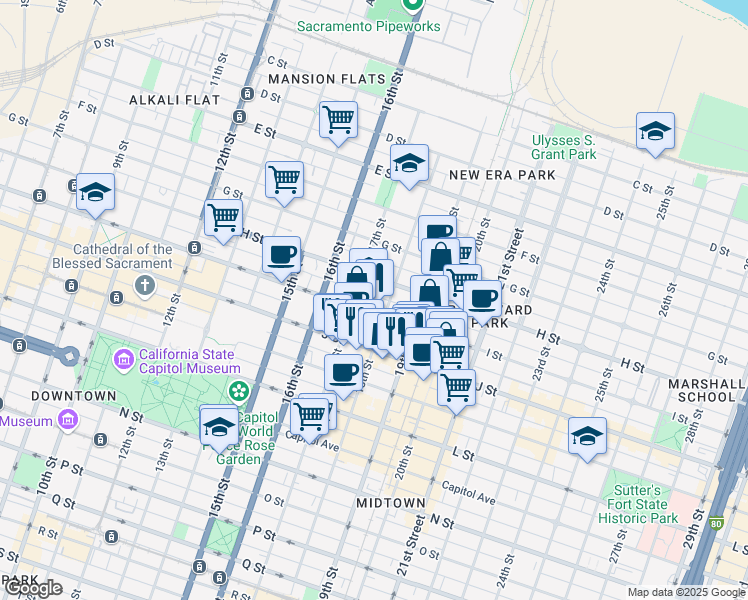 map of restaurants, bars, coffee shops, grocery stores, and more near 1801 I Street in Sacramento