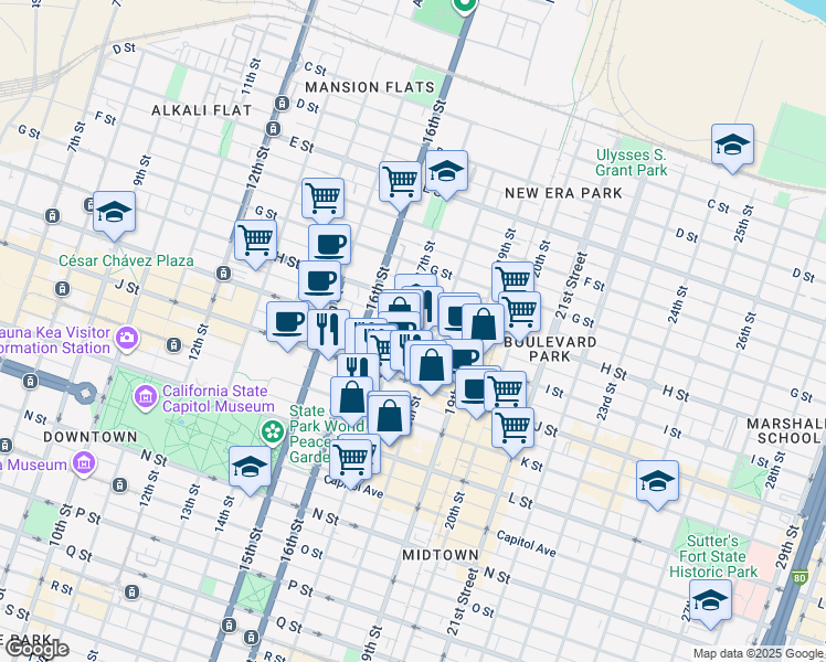 map of restaurants, bars, coffee shops, grocery stores, and more near 1700 I Street in Sacramento