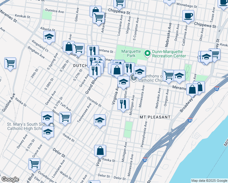 map of restaurants, bars, coffee shops, grocery stores, and more near 4310 Virginia Avenue in St. Louis