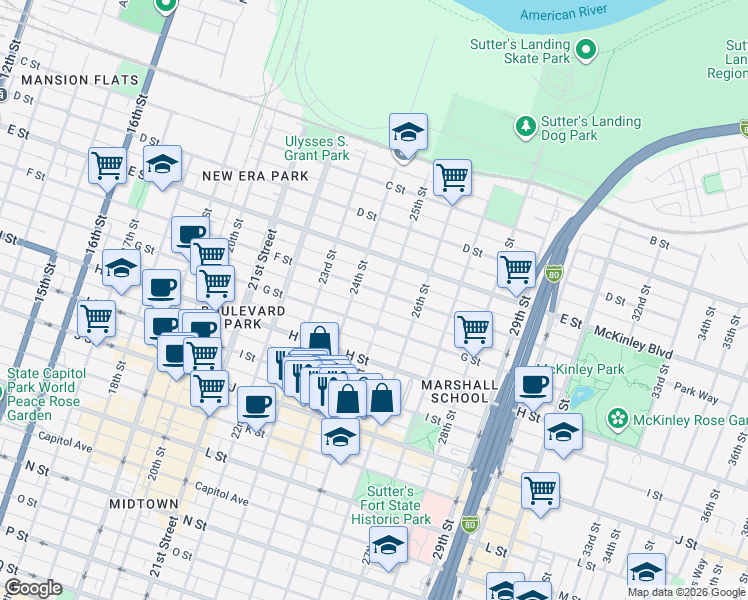 map of restaurants, bars, coffee shops, grocery stores, and more near 617 25th Street in Sacramento