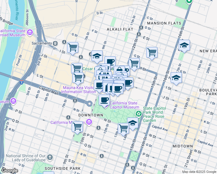 map of restaurants, bars, coffee shops, grocery stores, and more near 1029 K Street in Sacramento