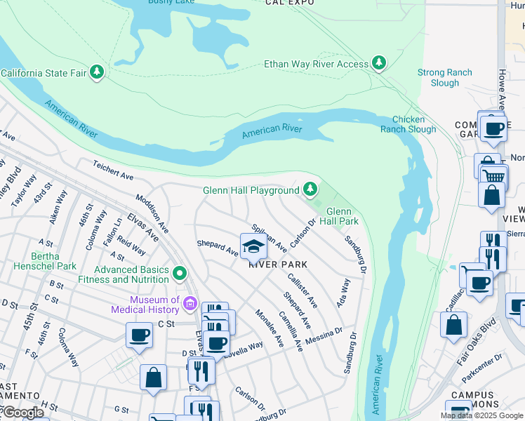 map of restaurants, bars, coffee shops, grocery stores, and more near 5344 State Avenue in Sacramento