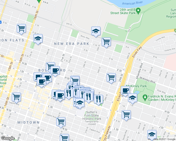 map of restaurants, bars, coffee shops, grocery stores, and more near 617 25th Street in Sacramento