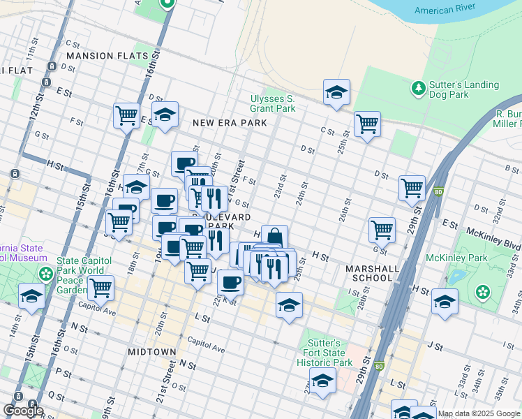 map of restaurants, bars, coffee shops, grocery stores, and more near 7 23rd Street in Sacramento