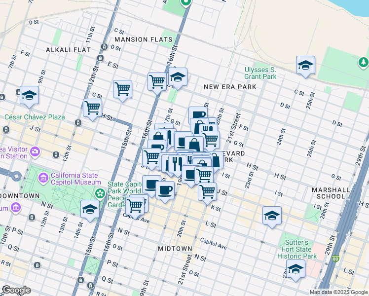 map of restaurants, bars, coffee shops, grocery stores, and more near 1818 H Street in Sacramento