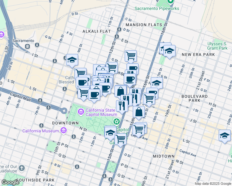 map of restaurants, bars, coffee shops, grocery stores, and more near in Sacramento