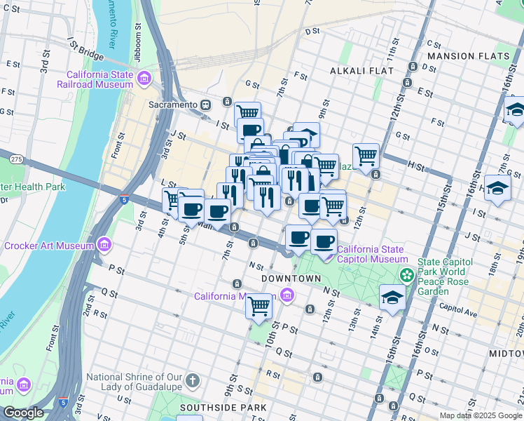 map of restaurants, bars, coffee shops, grocery stores, and more near 1225 8th Street in Sacramento