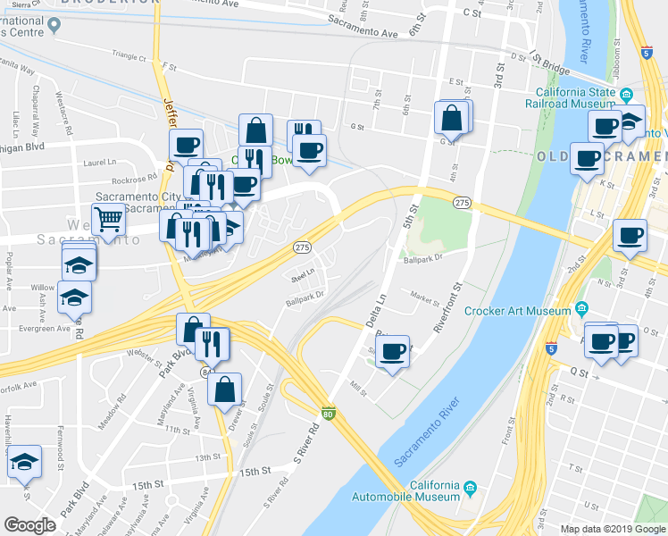 map of restaurants, bars, coffee shops, grocery stores, and more near 856 Bainite Court in West Sacramento