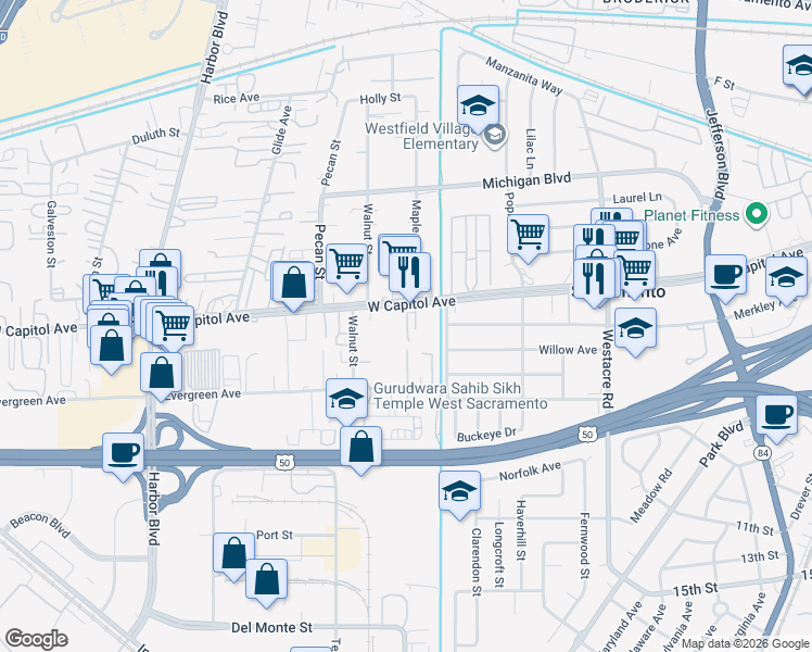 map of restaurants, bars, coffee shops, grocery stores, and more near 2225 West Capitol Avenue in West Sacramento