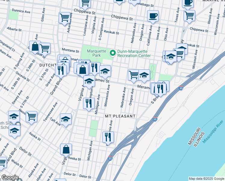 map of restaurants, bars, coffee shops, grocery stores, and more near 4226 Minnesota Avenue in St. Louis