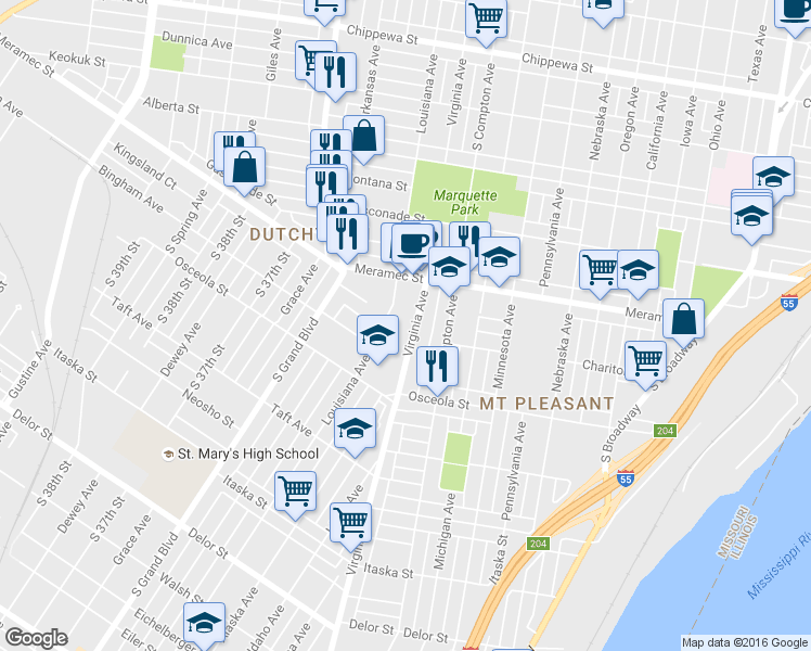map of restaurants, bars, coffee shops, grocery stores, and more near 4310 Virginia Avenue in St. Louis