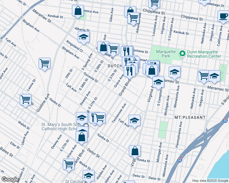 map of restaurants, bars, coffee shops, grocery stores, and more near 4404 South Grand Boulevard in St. Louis