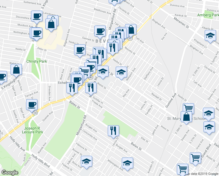 map of restaurants, bars, coffee shops, grocery stores, and more near 4178 Walsh Street in St. Louis