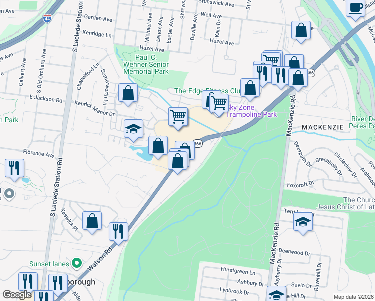 map of restaurants, bars, coffee shops, grocery stores, and more near 3904 Watson Rd in St Louis