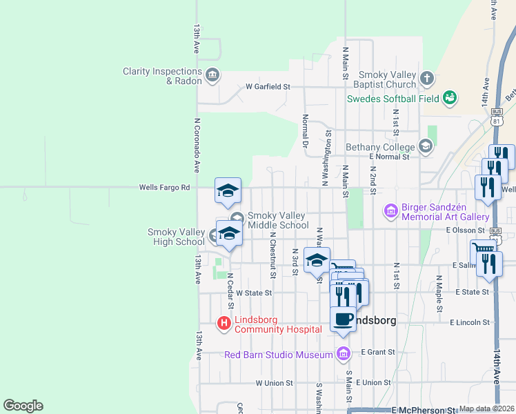 map of restaurants, bars, coffee shops, grocery stores, and more near 426 North Pine Street in Lindsborg