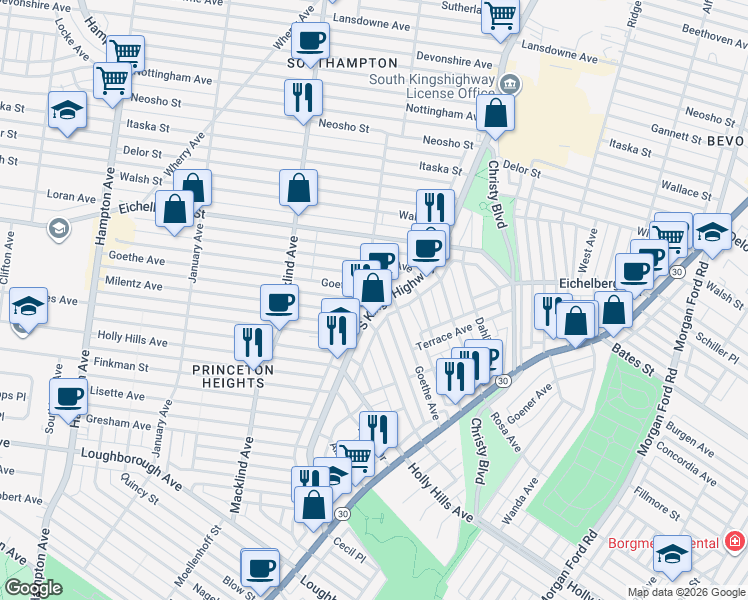 map of restaurants, bars, coffee shops, grocery stores, and more near 5632 South Kingshighway Boulevard in St. Louis