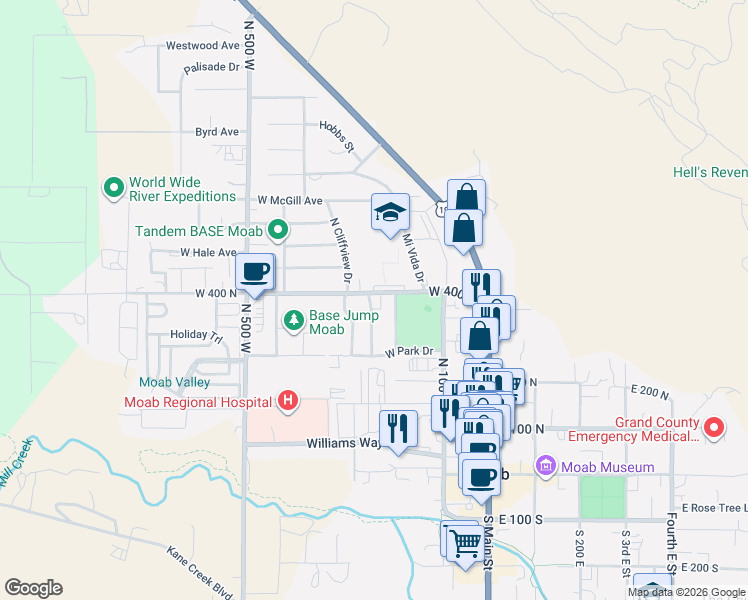map of restaurants, bars, coffee shops, grocery stores, and more near 247 West 400 North in Moab
