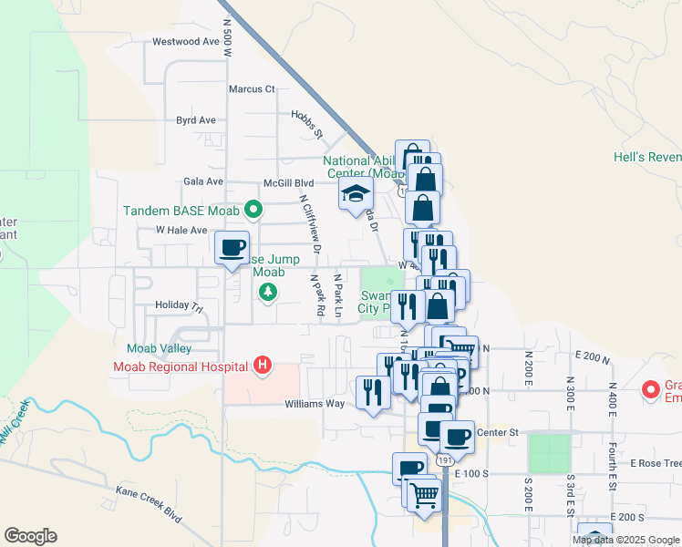 map of restaurants, bars, coffee shops, grocery stores, and more near 338 North Park Lane in Moab