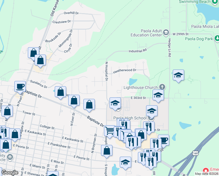 map of restaurants, bars, coffee shops, grocery stores, and more near 706 Rosewood Court in Paola