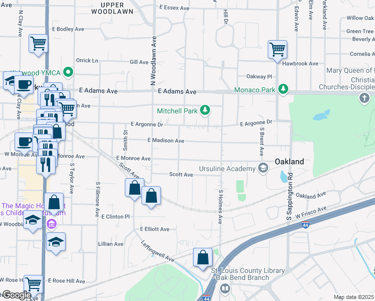 map of restaurants, bars, coffee shops, grocery stores, and more near 615 East Monroe Avenue in Kirkwood