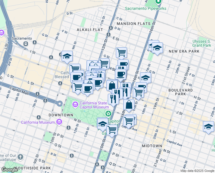 map of restaurants, bars, coffee shops, grocery stores, and more near 1325 J Street in Sacramento