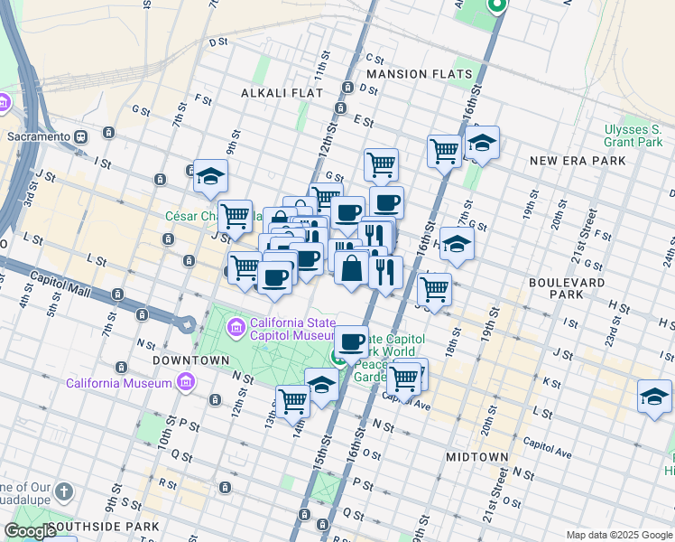 map of restaurants, bars, coffee shops, grocery stores, and more near 1325 J Street in Sacramento