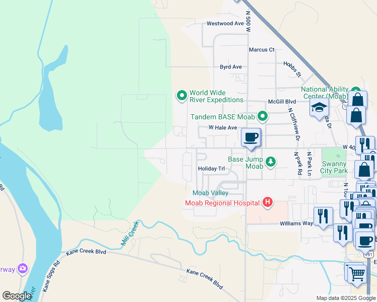 map of restaurants, bars, coffee shops, grocery stores, and more near 380 Portal Vista Loop in Moab