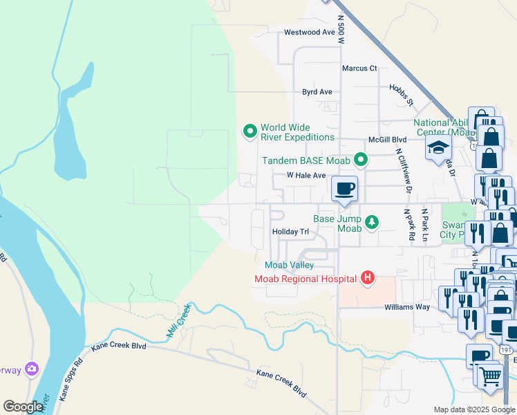map of restaurants, bars, coffee shops, grocery stores, and more near 380 Portal Vista Loop in Moab