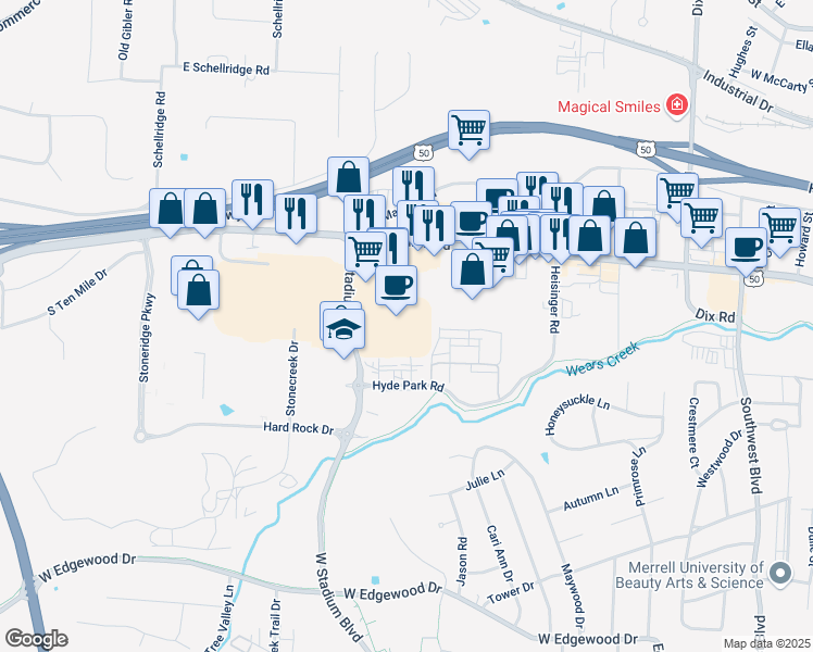 map of restaurants, bars, coffee shops, grocery stores, and more near 735 West Stadium Boulevard in Jefferson City