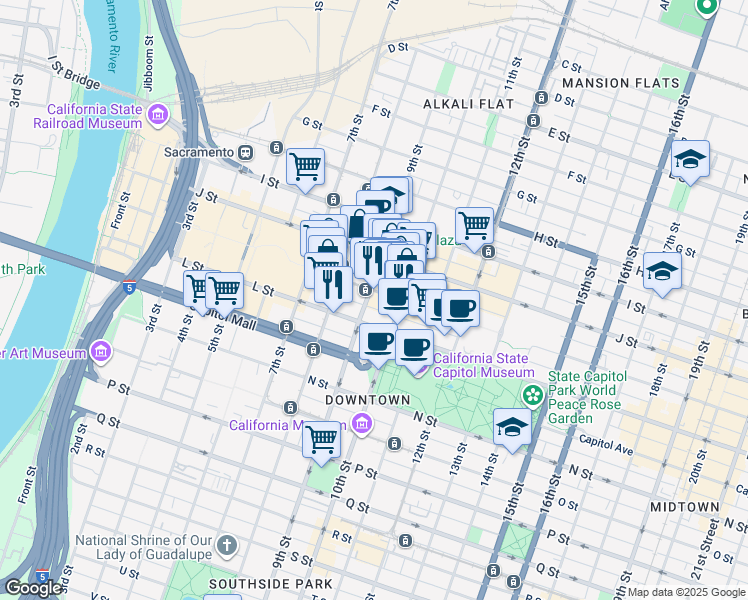 map of restaurants, bars, coffee shops, grocery stores, and more near 1107 9th Street in Sacramento