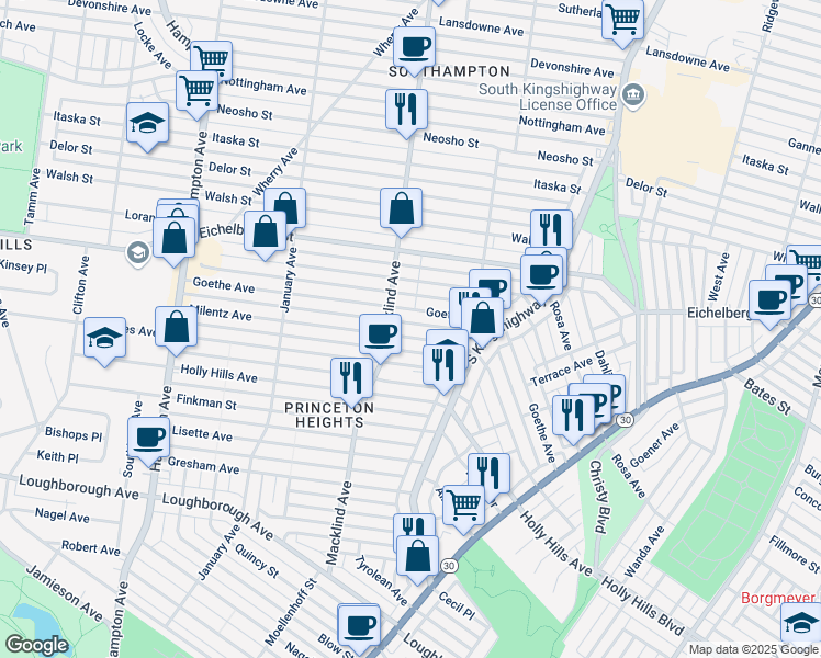 map of restaurants, bars, coffee shops, grocery stores, and more near 5073 Rhodes Avenue in St. Louis