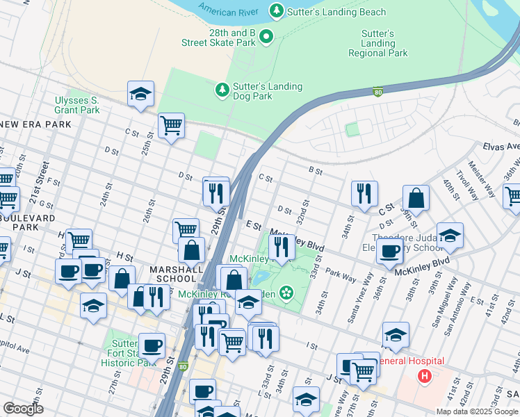 map of restaurants, bars, coffee shops, grocery stores, and more near 3101 McKinley Boulevard in Sacramento