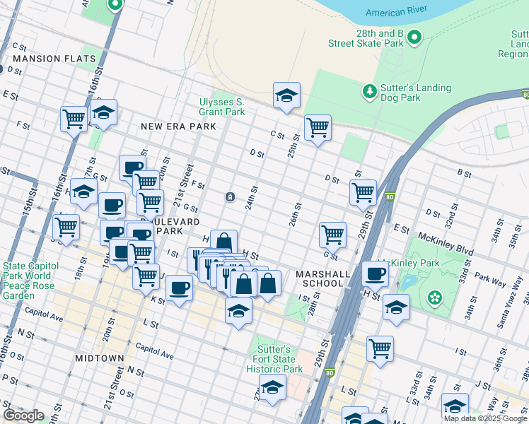 map of restaurants, bars, coffee shops, grocery stores, and more near 617 25th Street in Sacramento