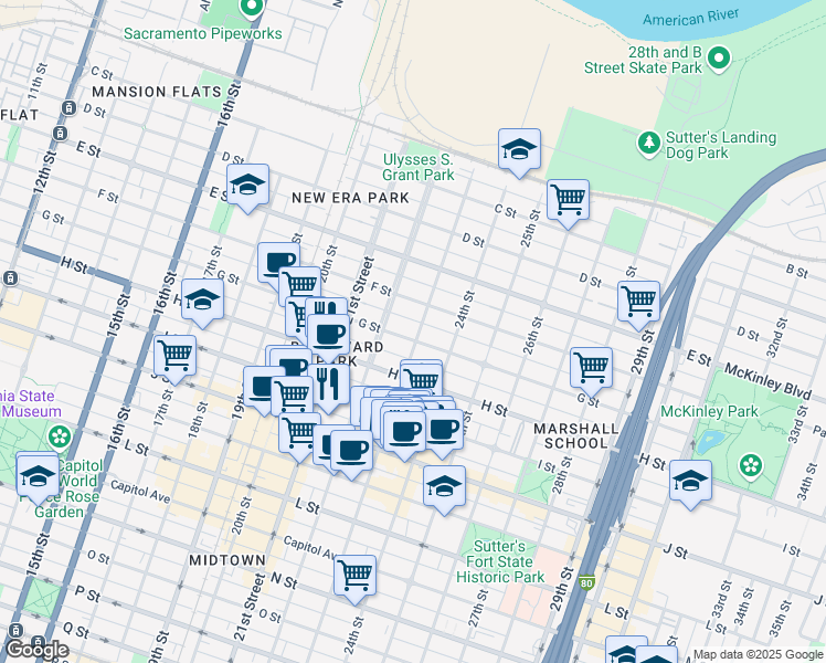 map of restaurants, bars, coffee shops, grocery stores, and more near 7 23rd Street in Sacramento