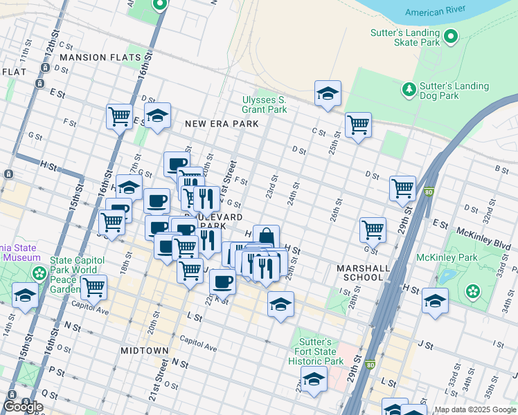 map of restaurants, bars, coffee shops, grocery stores, and more near 624 23rd Street in Sacramento