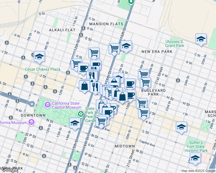 map of restaurants, bars, coffee shops, grocery stores, and more near 925 16th Street in Sacramento