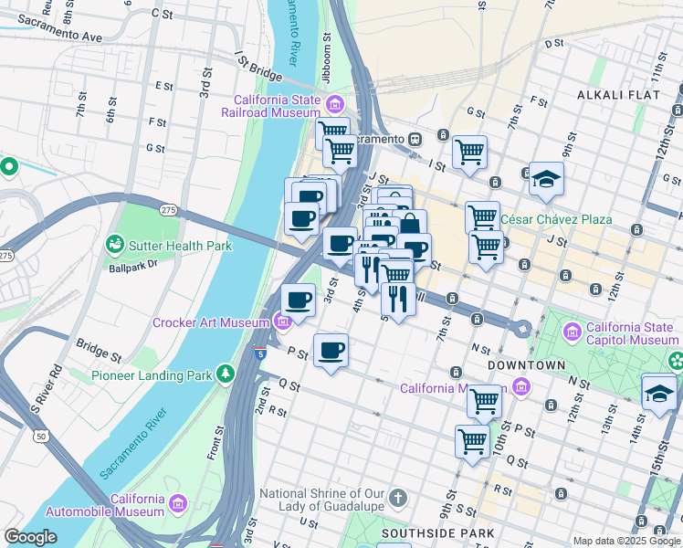 map of restaurants, bars, coffee shops, grocery stores, and more near in Sacramento
