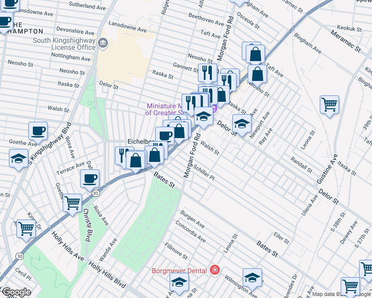 map of restaurants, bars, coffee shops, grocery stores, and more near 4304 Eichelberger Street in St. Louis