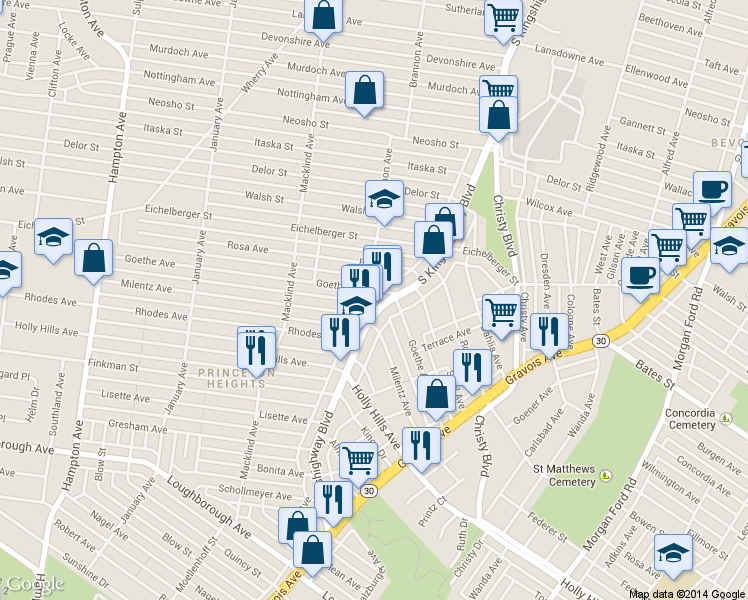 map of restaurants, bars, coffee shops, grocery stores, and more near 5632 South Kingshighway Boulevard in St. Louis