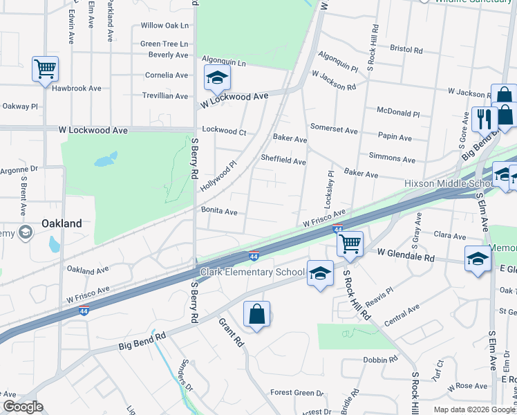 map of restaurants, bars, coffee shops, grocery stores, and more near 554 Lyman Place in Webster Groves