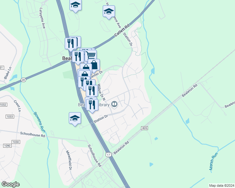 map of restaurants, bars, coffee shops, grocery stores, and more near 6165 Newton Lane in Bealeton
