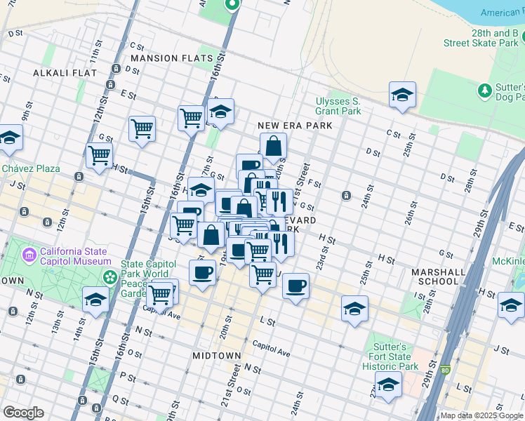 map of restaurants, bars, coffee shops, grocery stores, and more near 815 20th Street in Sacramento