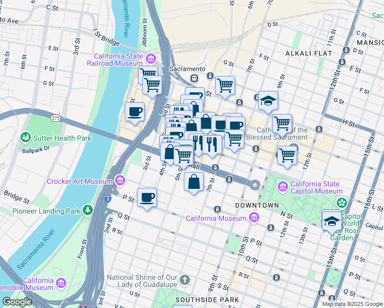 map of restaurants, bars, coffee shops, grocery stores, and more near 537 N Street in Sacramento