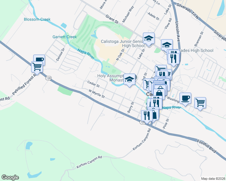 map of restaurants, bars, coffee shops, grocery stores, and more near 1700 Myrtle Street in Calistoga