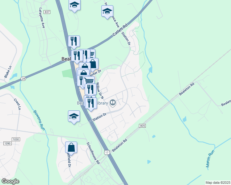 map of restaurants, bars, coffee shops, grocery stores, and more near 6165 Newton Lane in Bealeton