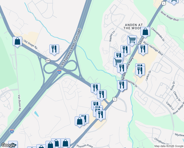 map of restaurants, bars, coffee shops, grocery stores, and more near 3511 Briarwood Drive in Dumfries