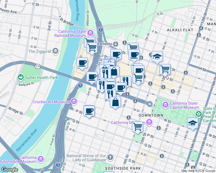 map of restaurants, bars, coffee shops, grocery stores, and more near 537 N Street in Sacramento