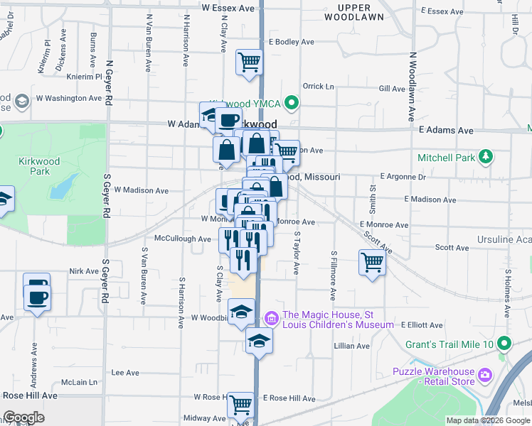 map of restaurants, bars, coffee shops, grocery stores, and more near 200 South Kirkwood Road in St. Louis