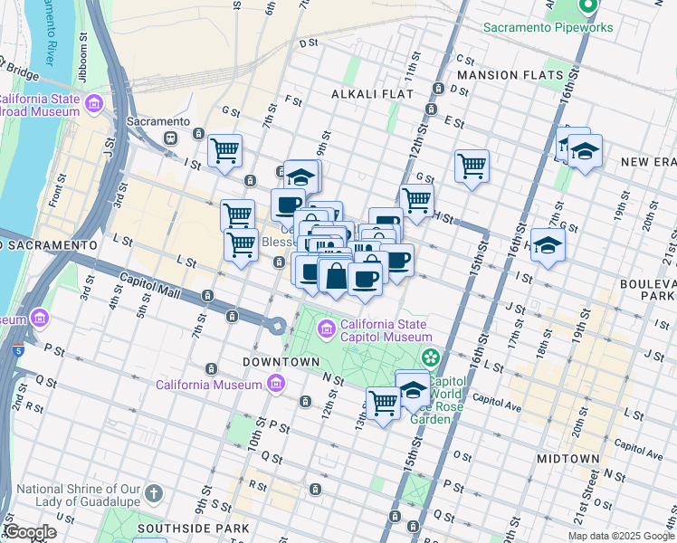 map of restaurants, bars, coffee shops, grocery stores, and more near 1100 K Street in Sacramento