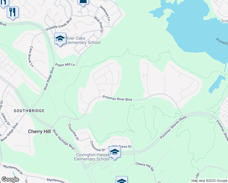 map of restaurants, bars, coffee shops, grocery stores, and more near 17177 Sea Skiff Way in Dumfries